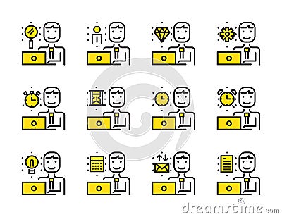 Worker man with laptop outline icon set. Time and management concept. Vector Illustration