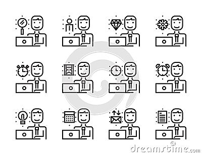 Worker man with laptop outline icon set. Vector Illustration