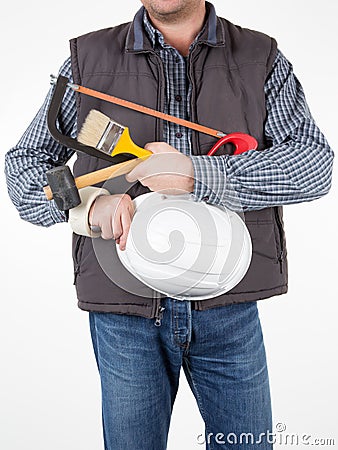 Worker man with tool builder over a white background Stock Photo