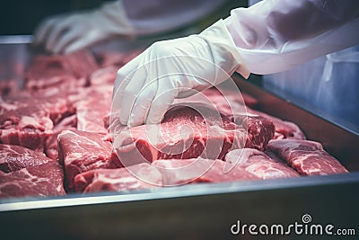 Worker at the meat factory pack the meat into the plastic foil. Generative AI Cartoon Illustration