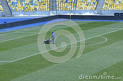 Worker mowing lawn on football field using grass-cutter Stock Photo