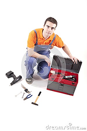 Worker and open toolbox Stock Photo