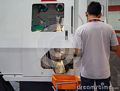 Worker operate circular saw machine Editorial Stock Photo