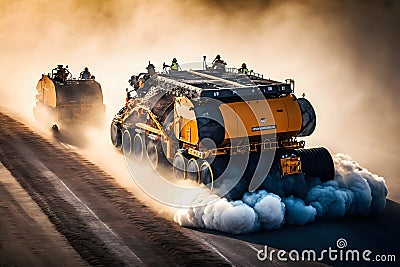 Worker operating asphalt paver machine finisher during road construction and repairing works. Neural network generated Stock Photo