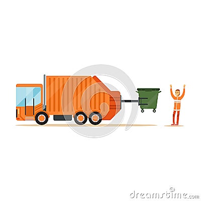 Worker in orange uniform loading recycle bin into garbage collector truck Vector Illustration