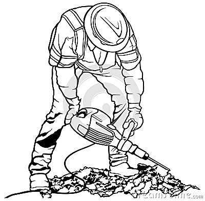 Worker with Pneumatic Hammer Vector Illustration