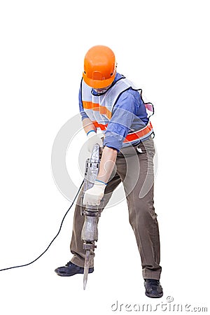 Worker with pneumatic hammer drill equipment isolated Stock Photo