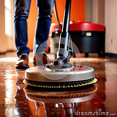 Worker polishing floor with polishing machine, maintenance janitorial work on building Stock Photo