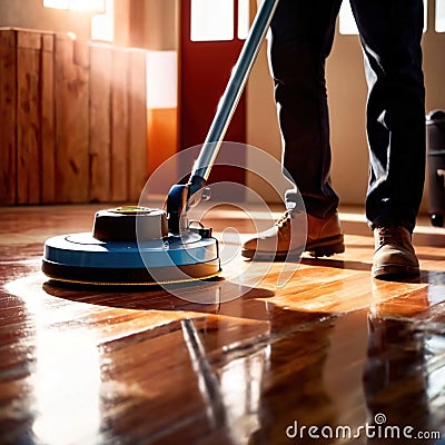 Worker polishing floor with polishing machine, maintenance janitorial work on building Stock Photo