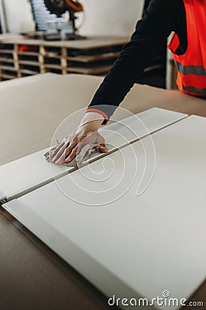 A worker prepares PVC furniture boards for packaging Stock Photo