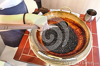 Worker preparing tapioca pearl balls to be made bubble tea Stock Photo