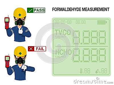 Worker is presenting resultpass and fail of Formaldehyde measurement.On the display screen of Formaldehyde detector can be Vector Illustration