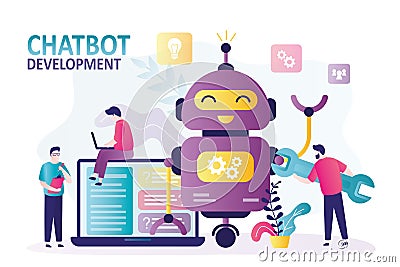 Worker programs chatbot through laptop. Development team adjusts and improves robot interface Vector Illustration
