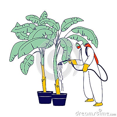 Worker in Protective Suit and Mask Fertilizing Palm Tree on Banana Plantation Labour in Tropical Country Growing Fruits Vector Illustration