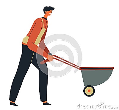 Worker pushing wheelbarrow at construction site Vector Illustration