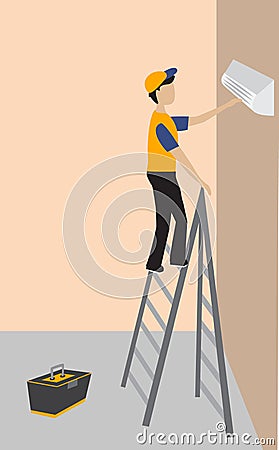 The worker repairs the air conditioner in the room. Vector Illustration