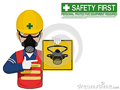 A worker with respiratory mask is presenting respiratory mask sign Vector Illustration