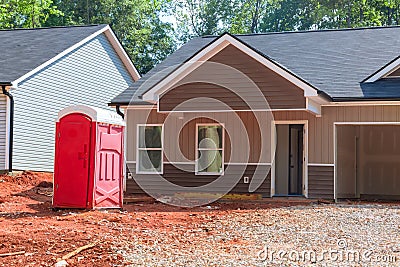 Worker restroom with portable outdoor toilets at a construction sites Stock Photo