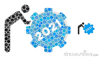 2021 Worker Rolling Gear Collage of Circle Pixels Stock Photo