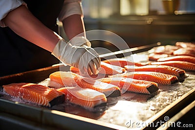 Worker's hands process salmon steak on ice. Chilled fish at a fish processing plant. Ice and salmon. Salmon fillets Stock Photo