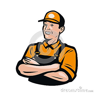 Worker or serviceman in overalls. Service, repair, delivery logo. Vector illustration Vector Illustration