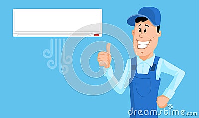 Worker set the air conditioner and show thumb up Vector Illustration