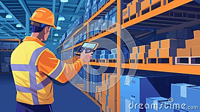 A worker is shown using a handheld scanner to scan and track materials in individual containers ensuring accurate supply Stock Photo
