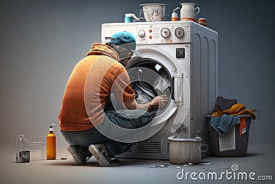 Worker Sits With His Back Turned Repairing Washing Machine. Generative AI Stock Photo