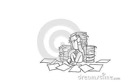 Worker sitting on the floor behind pile of documents feeling stressed and burnout. Vector Illustration