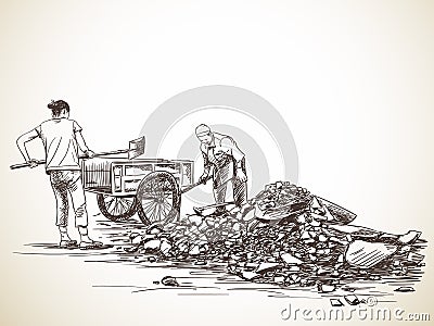 Sketch of women working with shovel carries stones into wheelbarrow, Hand drawn Vector Illustration