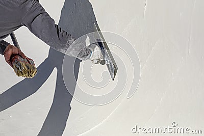 Worker Smoothing Wet Pool Plaster With Trowel Stock Photo