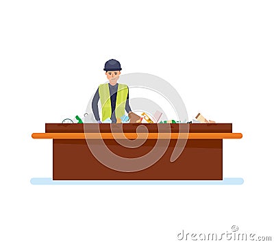 Worker sorts out trash on conveyor, for processing household waste. Vector Illustration