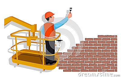 Worker standing in an assembly cradle paints a wall representing the place for your text. Vector Illustration