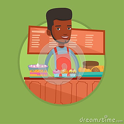 Worker standing behind the counter at the bakery. Vector Illustration