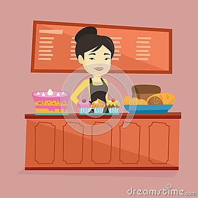 Worker standing behind the counter at the bakery. Vector Illustration
