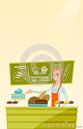 Worker standing behind the counter at the bakery. Vector Illustration