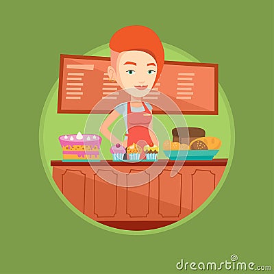 Worker standing behind the counter at the bakery. Vector Illustration