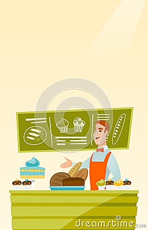 Worker standing behind the counter at the bakery. Vector Illustration