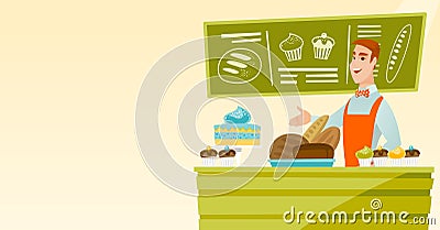 Worker standing behind the counter at the bakery. Vector Illustration