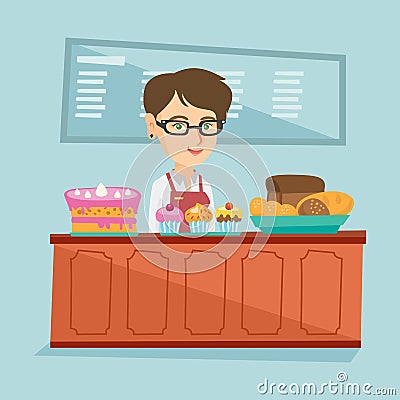 Worker standing behind the counter in the bakery. Vector Illustration