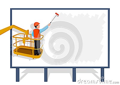 Worker standing on a ladder glues a paper banner. Vector Illustration