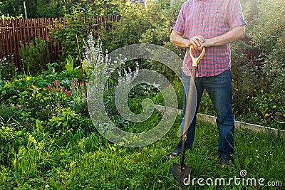 Worker standing with shovel in the garden, ready to loosen ground Stock Photo