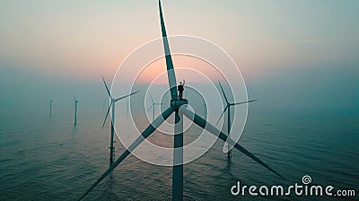 Worker stands on wind turbine top in sea at sunset, engineer perform maintenance of windmill in ocean. Concept of energy, power, Stock Photo