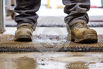 worker stepping on a greasy doormat Stock Photo