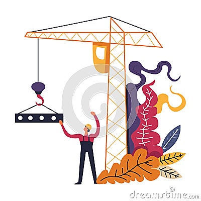 Worker supervising process of tower crane lifting a structural panel on construction site Vector Illustration