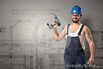Worker with technical drawing. Stock Photo