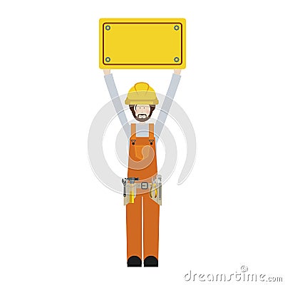 Worker with toolkit and plaque up Vector Illustration