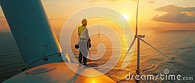 Worker on top of wind turbine in sea at sunset, engineer perform maintenance of windmill in ocean. Concept of energy, power, Stock Photo