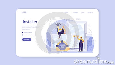 Worker in uniform install window web banner or landing page. Vector Illustration
