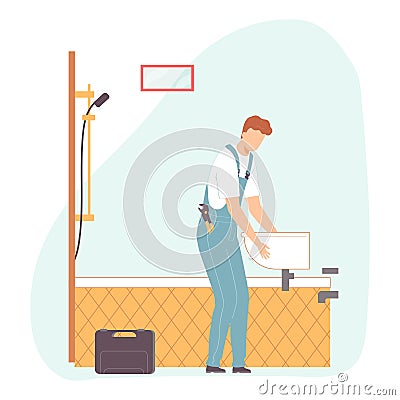 Worker in uniform installs the sink. Man making house or home apartment interior renovation. Cartoon flat man builder character. Cartoon Illustration